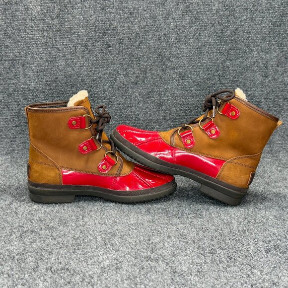 UGG Cecile Waterproof Duck Boots Women's Size 6 Brown Red Patent Leather Ankle - Picture 8 of 13